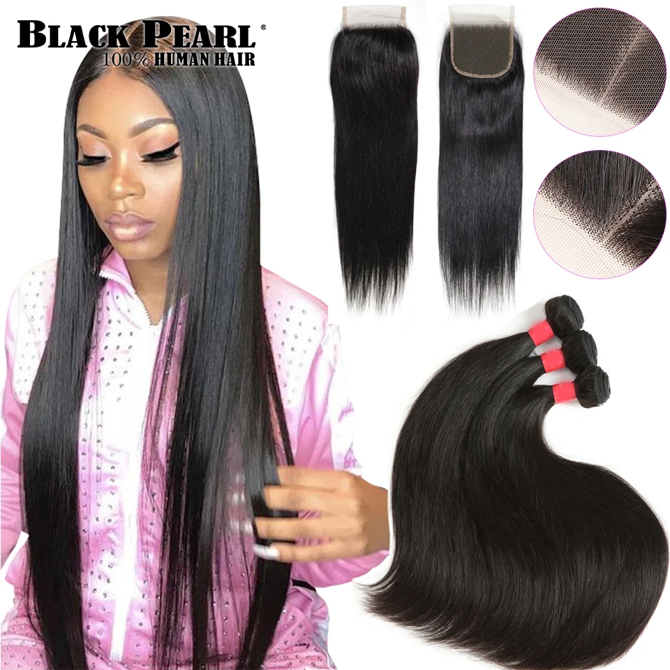 Black Pearl 30 32 34 inch Peruvian Hair Bundles With Closure 4pc/lot Straight Human Hair 3 Bundles with Closure Human Hair Weave
