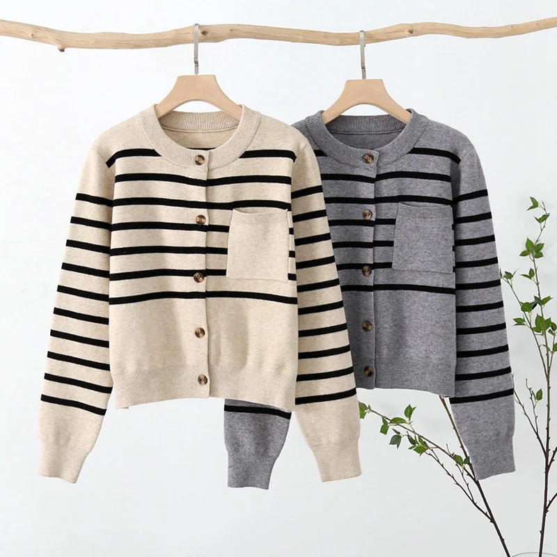 

SHENGPALAE Korea Fashion Soft Striped Sweater Coat Women's Autumn New Loose Single Braested Long Sleeve Sweater Female 5E2222