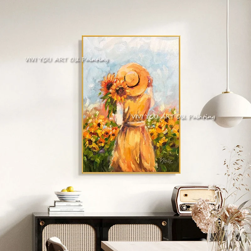 

Картина с изображением подсолнуха в желтой шляпе девушки, ручная роспись, Современная Большая абстрактная картина маслом, картина на холст...