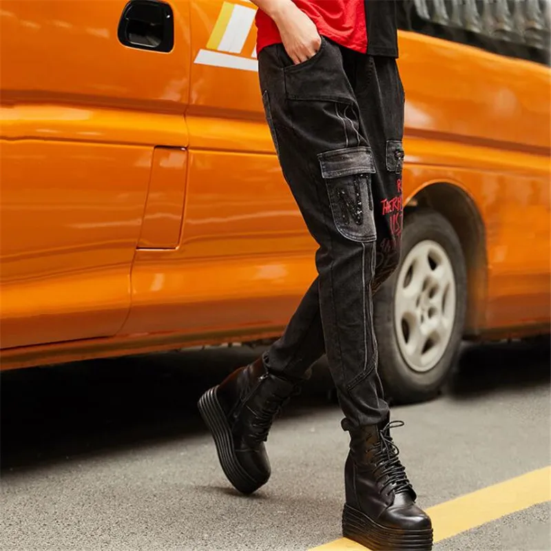 Джинсы женские эластичные с большими карманами уличная одежда в стиле панк брюки