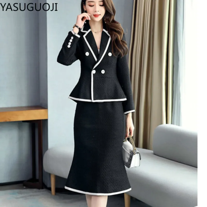 Женский офисный костюм YASUGUOJI с юбкой в стиле пэчворк 2020 двубортный пиджак +