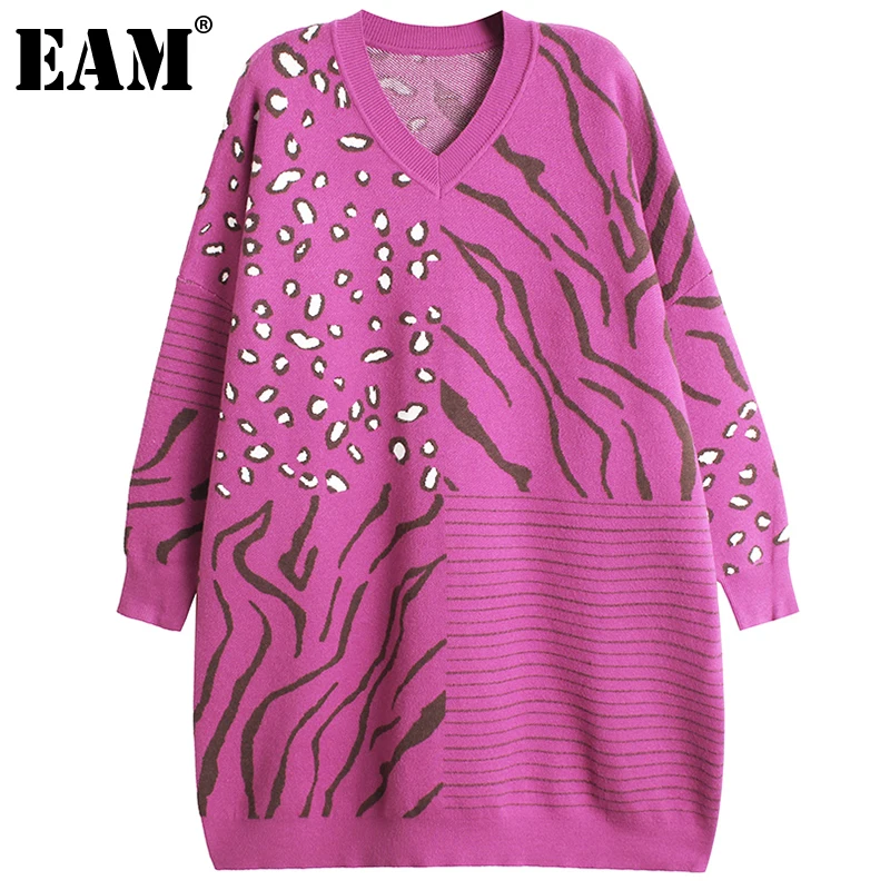 

[EAM] Purple Big Size Knitting Sweater Loose Fit V-Neck Long Sleeve Women Pullovers New Fashion Tide Autumn Winter 2022 1DE4646