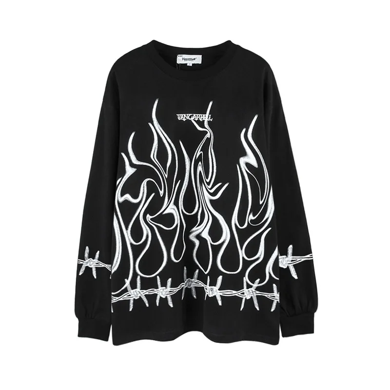 

Fashion Hip Hop Flame Printed Oversize T shirts Black White Long Sleeves Casual Top Tees For Male Harakuju