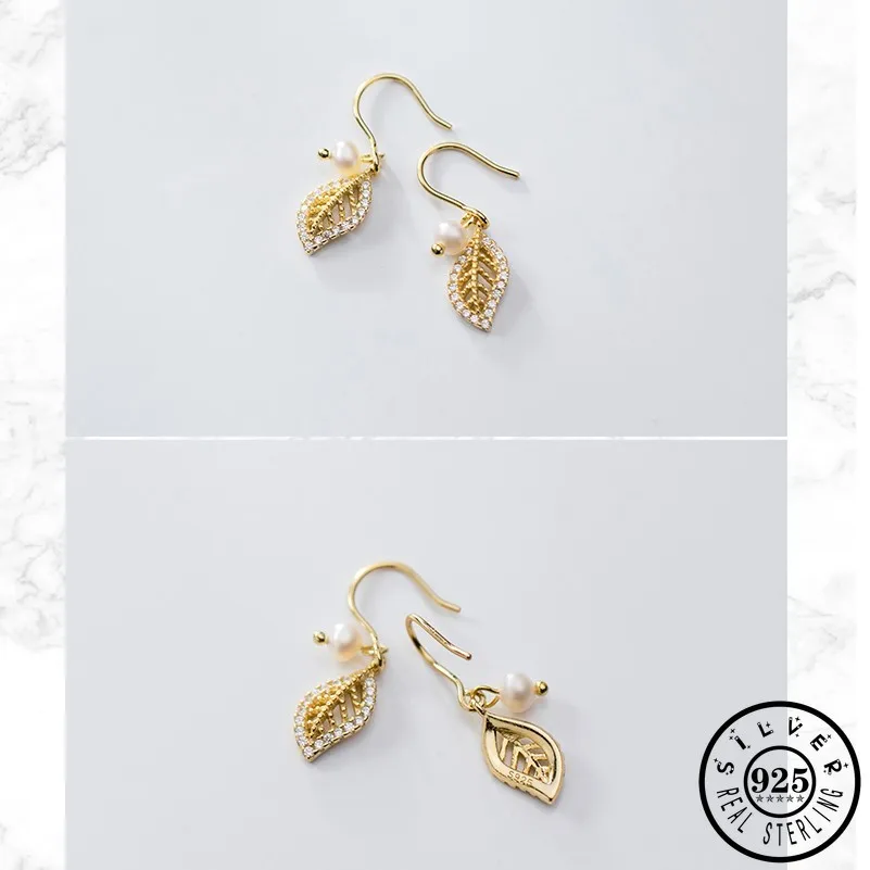

925 Sterling Silver Leaf Shape with Cubic Zirconia Stone Statement Gold Color Dangle Drop Earrings Fine Jewelry for Women Lady