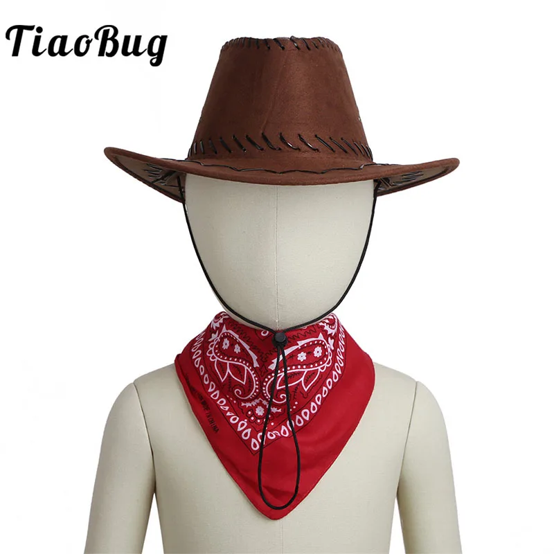 

TiaoBug/Детская ковбойская фетровая шляпа на шнурке с банданой; Комплект для мальчиков и девочек; костюм на Хэллоуин; аксессуары для ролевых иг...
