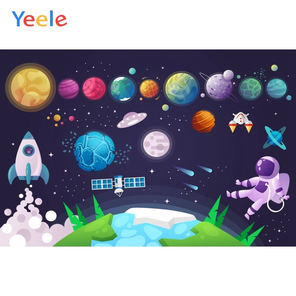 

Cartoon Universe Planet Spaceship Astronaut Backdrop Newborn Baby Boy Birthday Custom Photography Background For Photo Studio