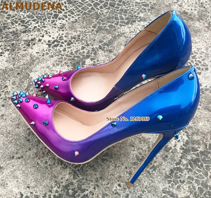 12cm heel as picture ALMUDENA/пикантные женские модельные туфли-лодочки с заклепками и острым носком; цвет белый, черный; Туфли-гладиаторы с золотыми заклепками; туфли-лодочки на шпильке 10 см, 12 см - Цвет: 12cm heel as picture