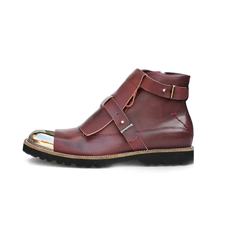 

Punk Ankle Boots Metal Toe Fashion Cow Genuine Leather Zipper Mens Shoes Male Sapato Masculino Couro Large Size Round Toe Black