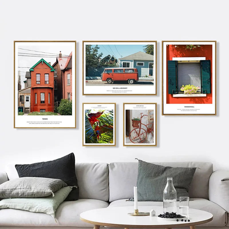 Brick Red House Parrot Car Bicycle Window Nordic Landscape Poster And Print Canvas Painting Wall Pictures For Living Room Decor | Дом и сад