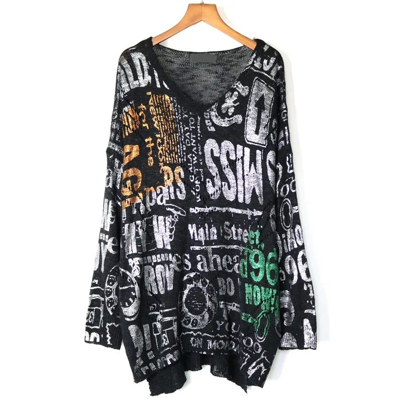 Street wear Letter Printed Long Knitted Wear Tops Women Metallic Color V neck Sweater Plus Size Loose Tunic | Водолазки