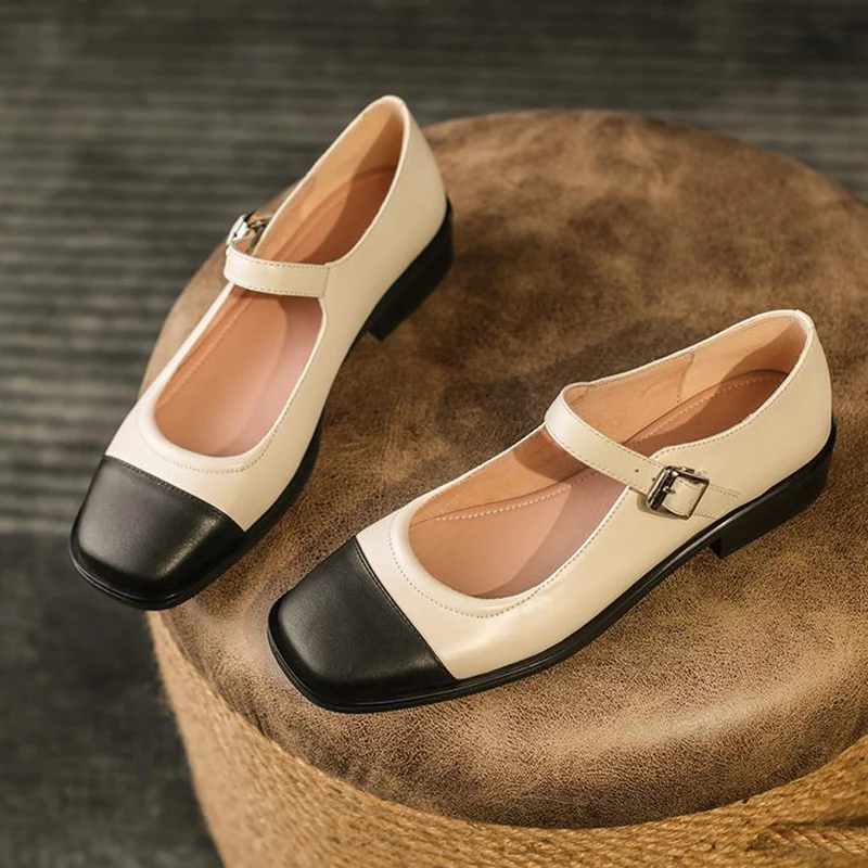 

New Ladies Mary Jane Shoes French Style Vintage Colorblock Buckle Female Leather Shoes Soft Sole Square Toe Slip-on Womens Flats