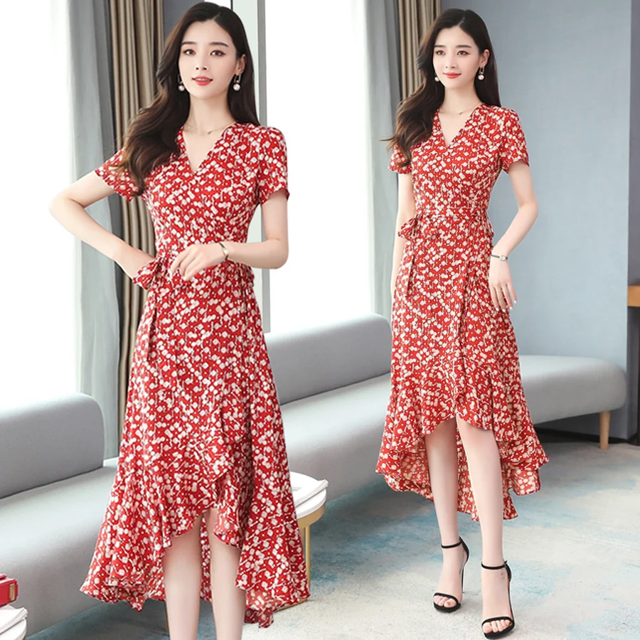 

Женское шифоновое пляжное платье-миди с красным принтом