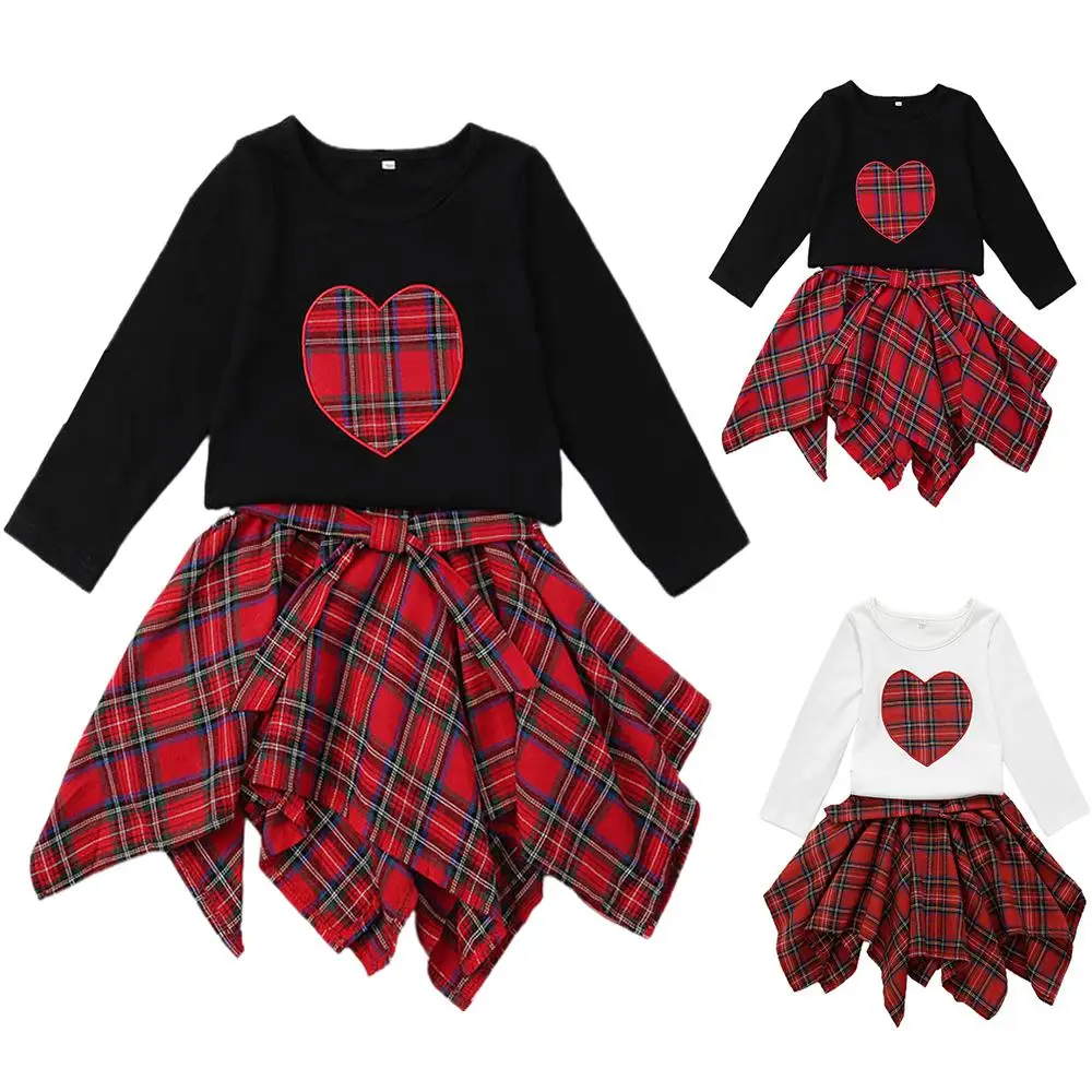 

Spring Autumn Outfits Toddler Girls Love Heart Long Sleeve Tops and Lattice Printed Skirts Set