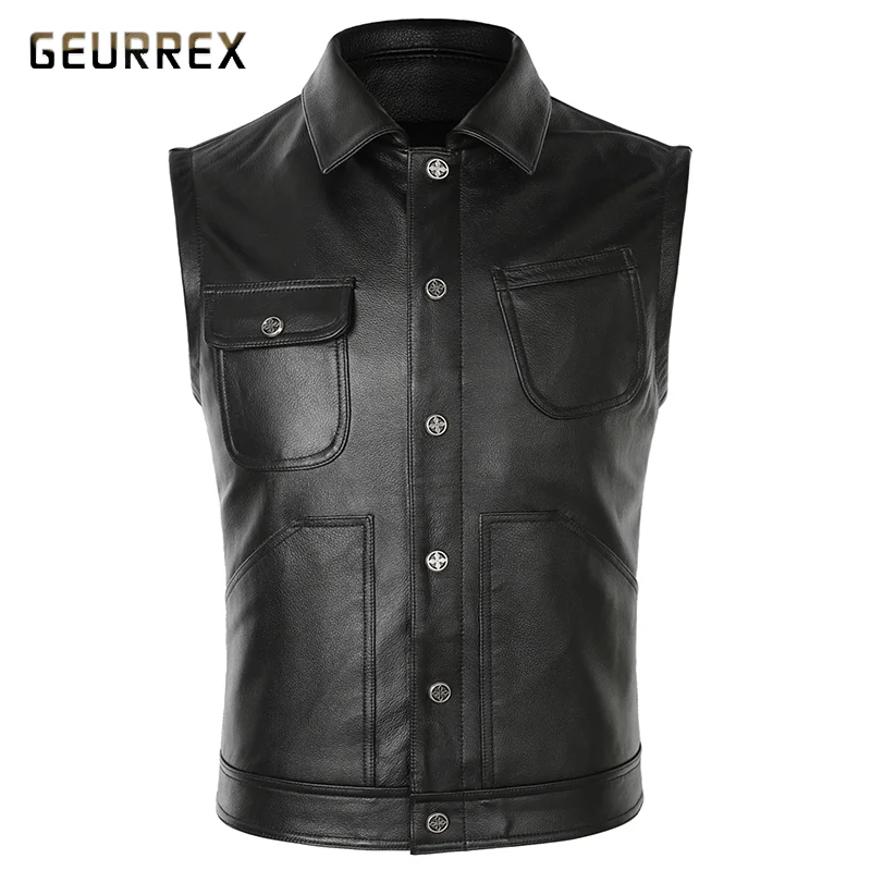 

GEURREX Biker Men Vintage Motorcycle Black Brown Real Leather Vest High Quality Slim Genuine Waistcoat Cowhide Sleeveless Jacket