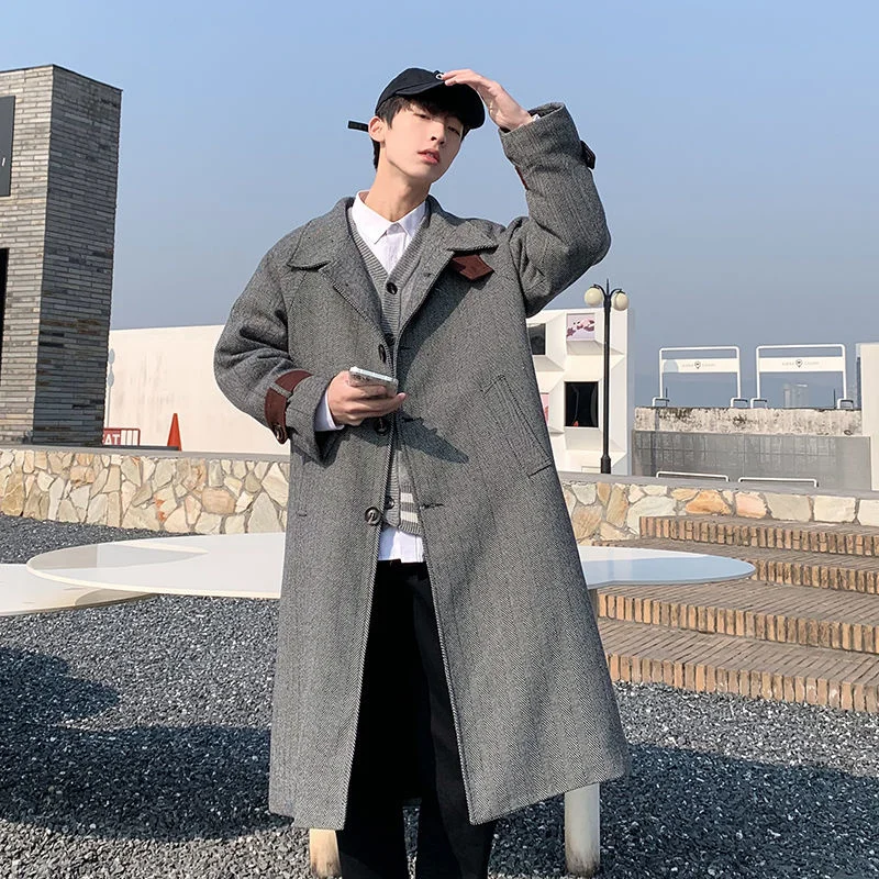 

Winter Long Woolen Coat Men Warmth Fashion Retro Oversized Woolen Coat Men Korean Loose Stripe Woolen Coat Mens Overcoat S-2XL