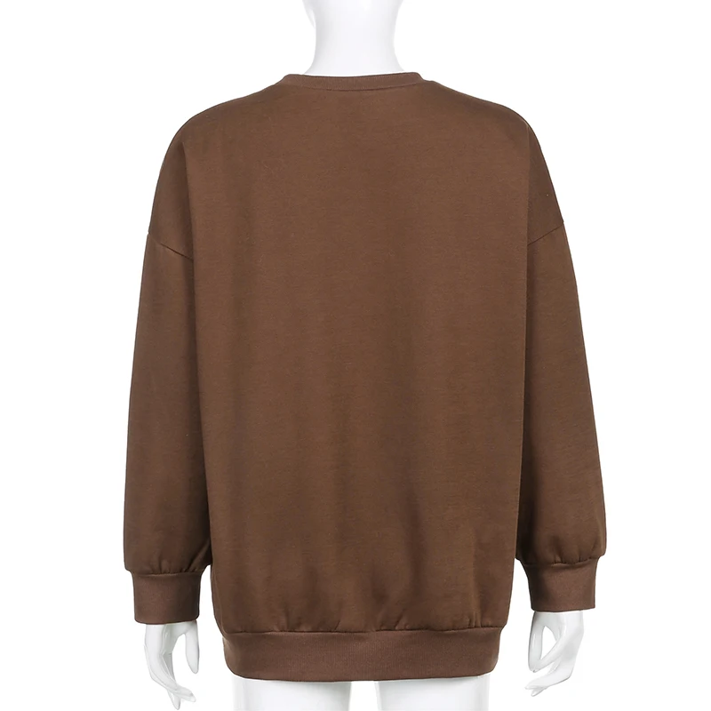Women Streetwear Pullover Sweatshirts Fashion Embroidery Mushroom Y2K Aesthetic 90s Korean Long Sleeve O-Neck Brown Sweatshirt
