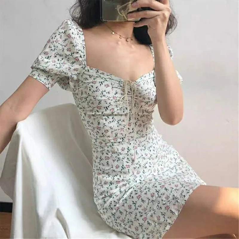 

Summer Women Dress Retro Boho Women Tie Neck Floral Print Floral Mini Sexy Dress Elegant Puff Sleeve Dresses Korean Vestidos