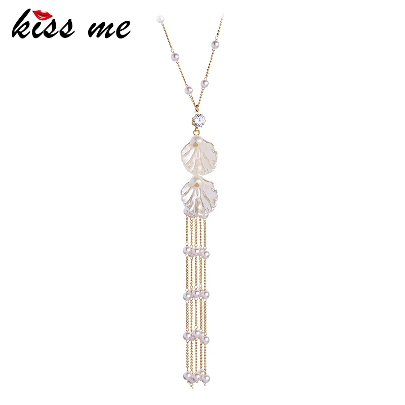 Женское ожерелье с подвеской KISS ME длинное из акрилового жемчуга и циркония