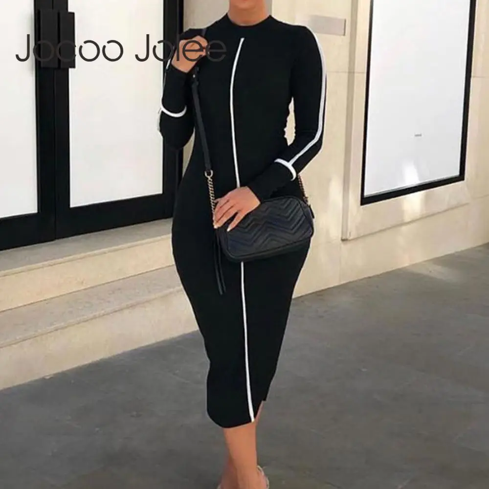 

Jocoo Jolee Casual Bodycon Women Long Dress Fashion Full Sleeve Striped Patchwork Dresses Fashion Turtleneck Ladies Skinny Dress