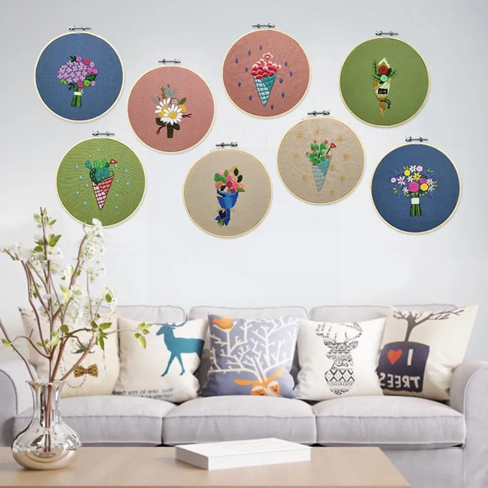 

Beginner DIY Stamped Embroidery Starter Kit Ice Cream Decor Tools Threads Artwork Pattern Embroidery Kit Home Flower D6M2