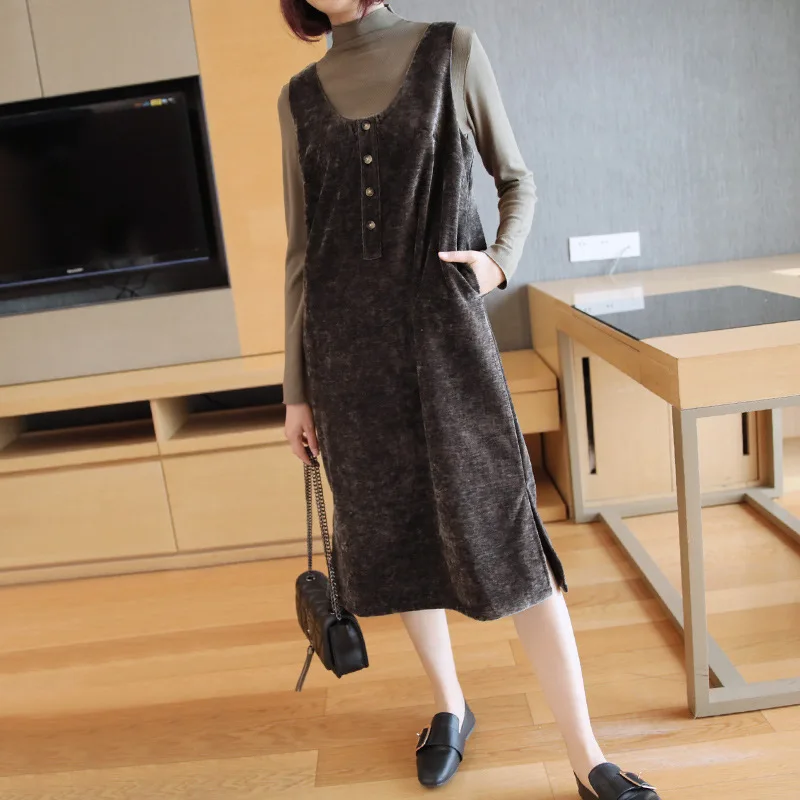 Женское вельветовое платье из двух частей в стиле пэчворк, Новинка осени 2020, свободное повседневное элегантное платье средней длины с длинн...