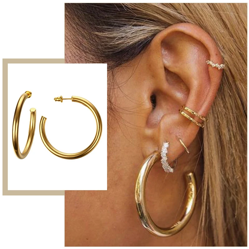 

Chic Big Oversize Hoop Earrings for Women Hollow Light C Shape Stainless Steel Punk Rock Ear Jewelry