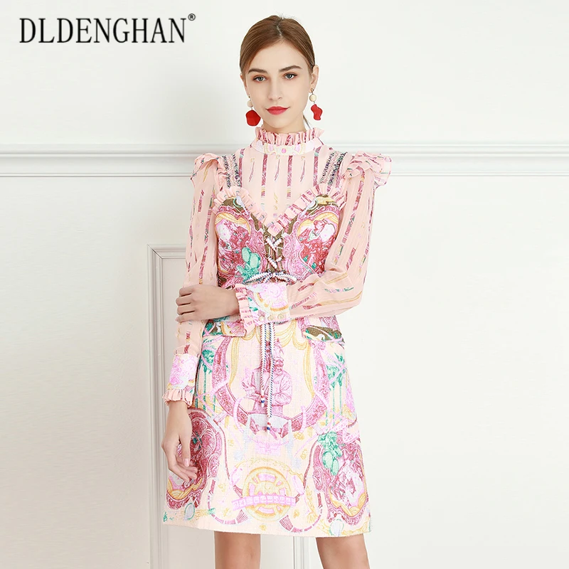 

DLDENGHAN Vintage Print Spring Dress Women's Small Sling + Long Sleeve Ruffles Stand Collar Dresses Designer New