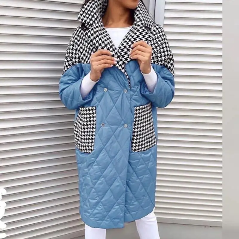 

Turn Down Collar Parkas Women Fashion Patchwork Houndstooth Coats Women Elegant Loose Long Cotton Jacket Female Ladies