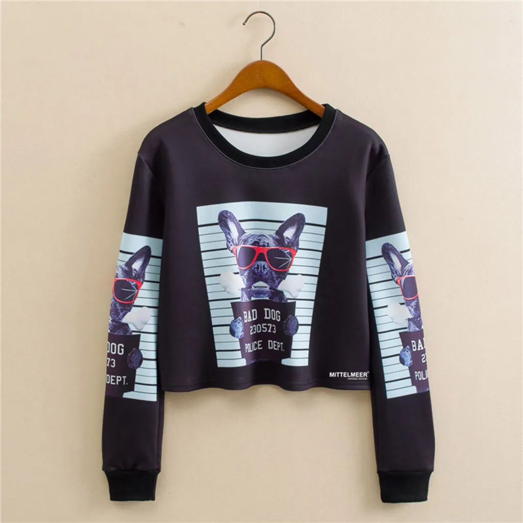 Женская толстовка 2020 с принтом собаки круглый вырез длинный рукав короткая