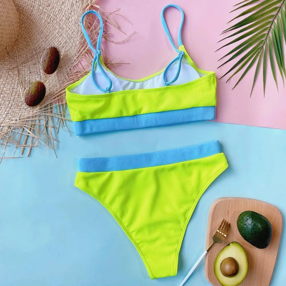 

4 Colors Sexy Ribbed Female Swimsuit High Waist Bikinis Women Swimwear Two-piece Bikini set Bather Bathing Suit Bodysuit CSB178W