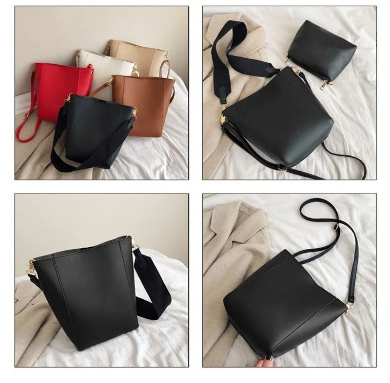 

Women Bucket Bags Designer Women Crossbody Shoulder Message Bag Solid PU Leather Ladies Purses Soft Composite Bag 2Pcs/set