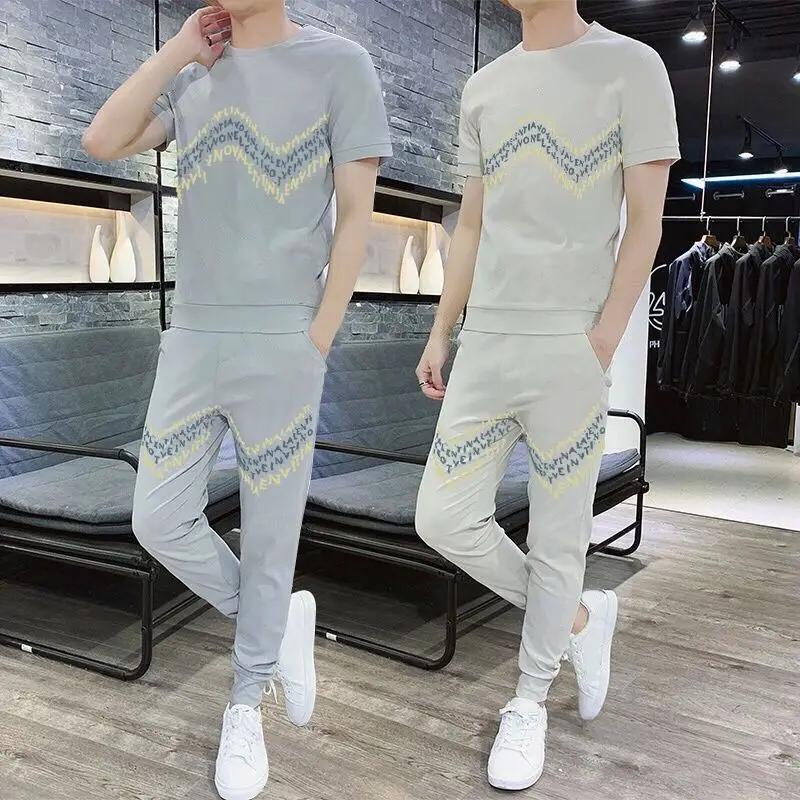 

Summer 2021 New Two - Piece Suit Male Student Sports Leisure Trendy Short-Sleeved T-shirt Ankle-length Pants Sets