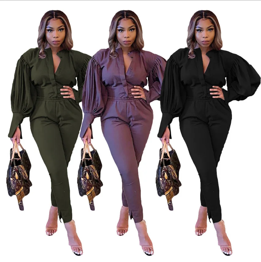 

Cutubly Plus Size 2 Piece Pants Set Spring Autumn Long Sleeve Top Trousers Sets Solid Button Women Set Tracksuit Casual Fashion