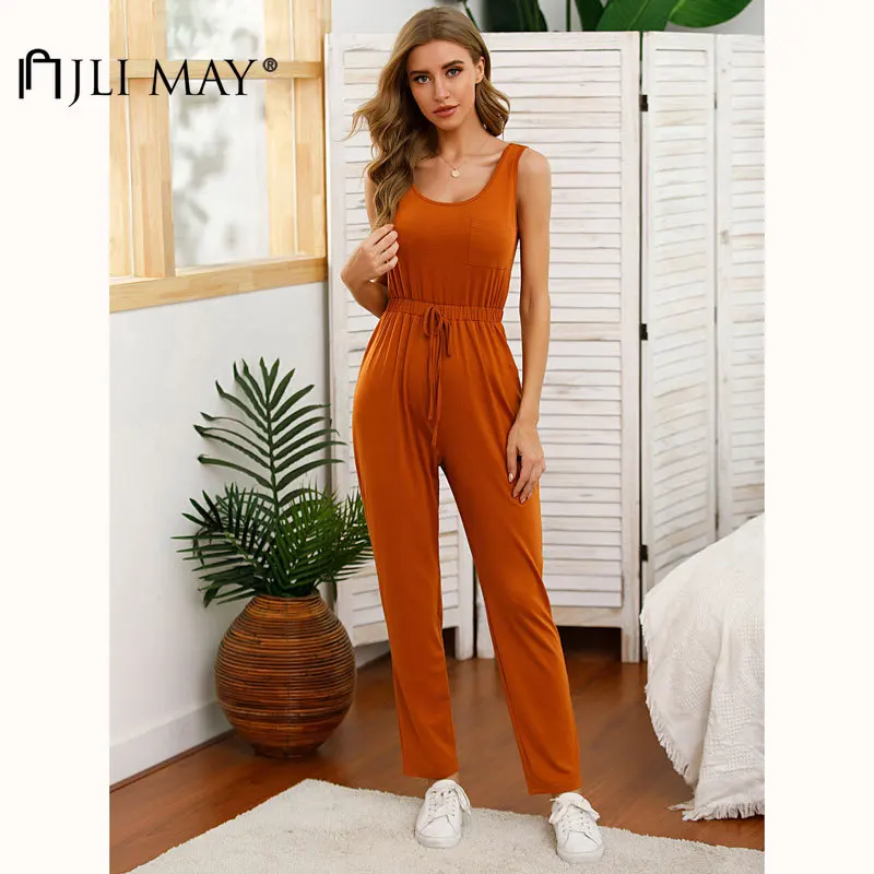 

JLI MAY Women Solid Jumpsuits Summer O-neck Sleeveless High Waist Lace Up Slim Casual Loose Jumpsuits