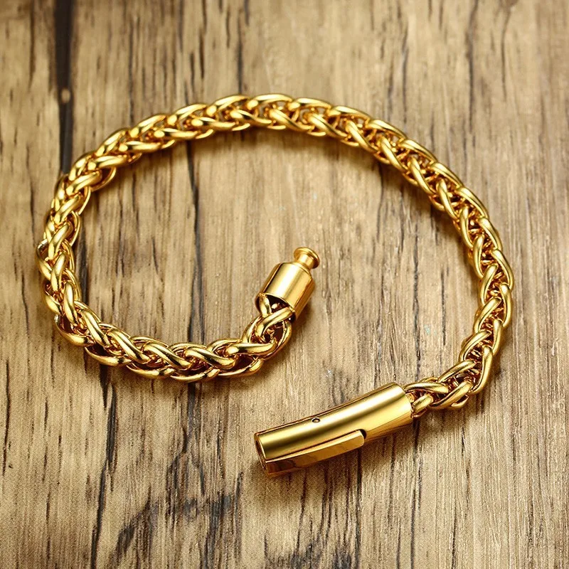 Золото Тон Для мужчин Круглый Wheat браслет-цепочка Нержавеющая сталь браслет