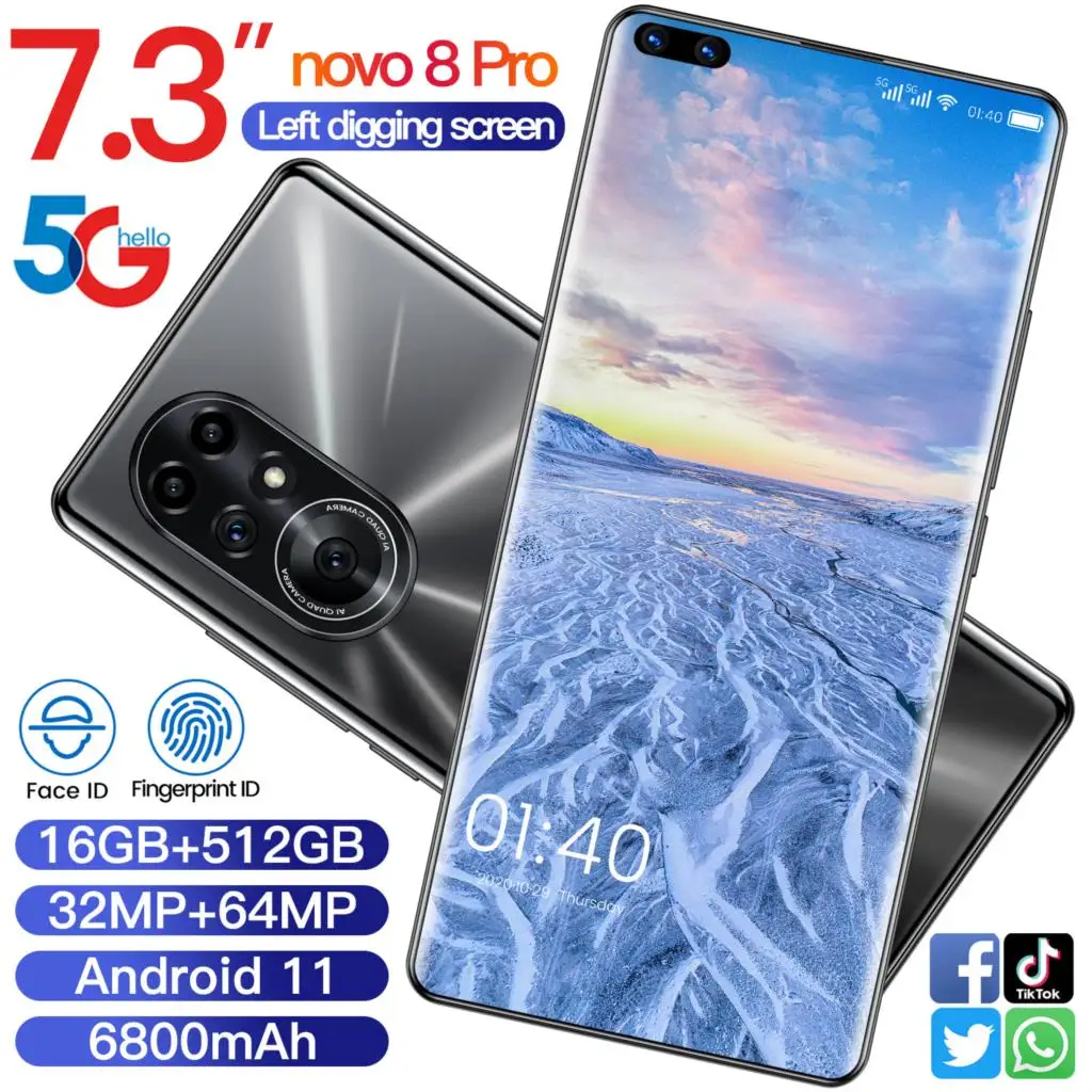 

Novo8 Pro 7.3-Inch Andriod11 32+64MP Smartphones Global Version 2021 5G LTE 16GB 512GB 6800mAh 10 Core GPS Mobile Phone MTK6889