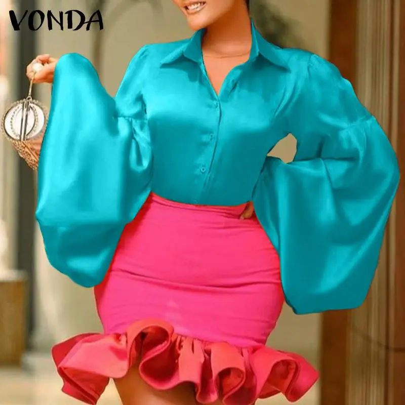 

VONDA Y2K Ladies Elegant Lantern Sleeve Shirts 2022 Autumn Lapel Satin Tops Casual Solid Party Blusas Femininas Women's Blouses