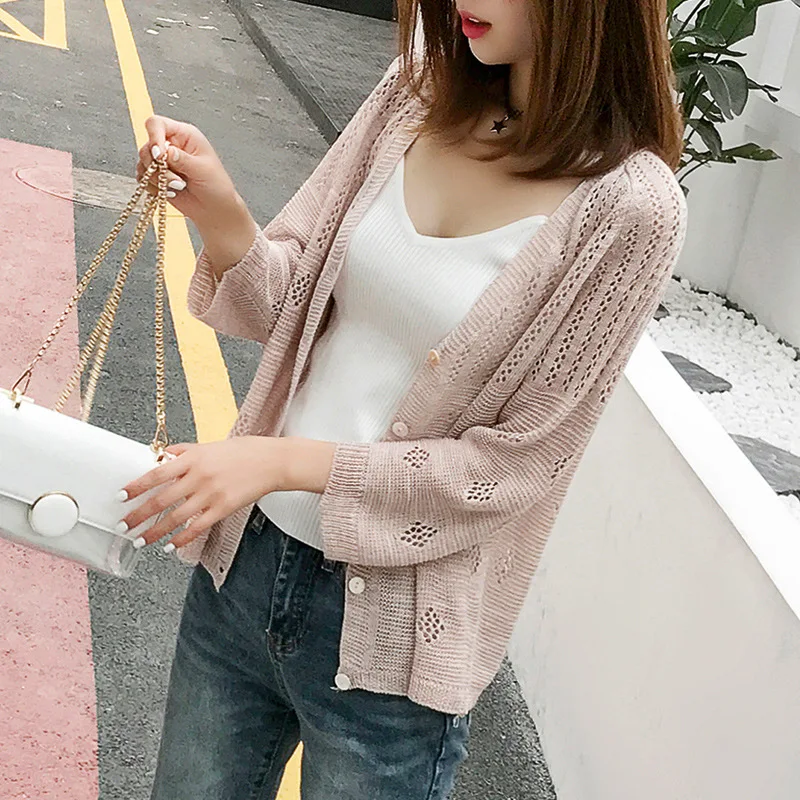 

Women 2021 Summer Long Sleeve Ice Silk Knit Cardigan Sweater Hollow V-Neck Thin Shirt Casual Loose Sweaters Female Tops Coat
