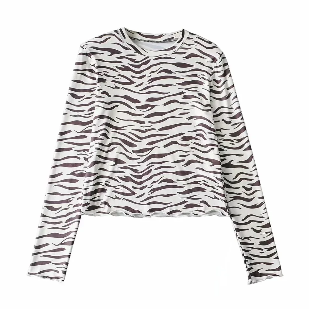 

Women's 2021 new zebra print bottoming shirt dark trend long-sleeved T-shirt short top