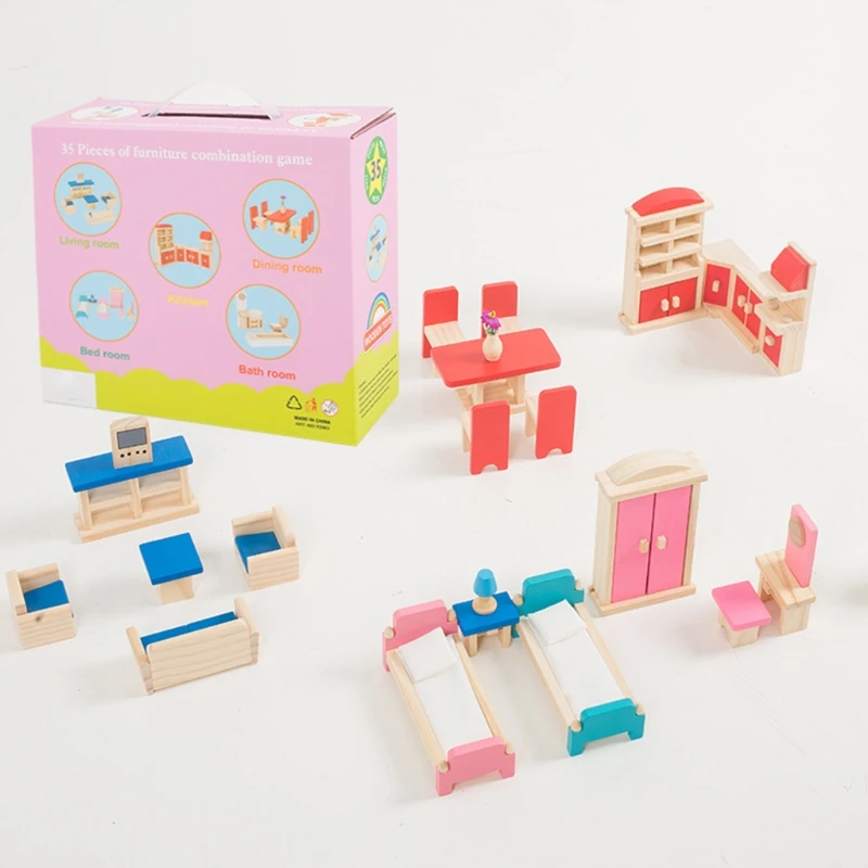 

5 Set Colorful Wooden Doll House Furniture, Wood Miniature Bathroom/ Living Room/ Dining Room/ Bedroom/ Kitchen House Doll