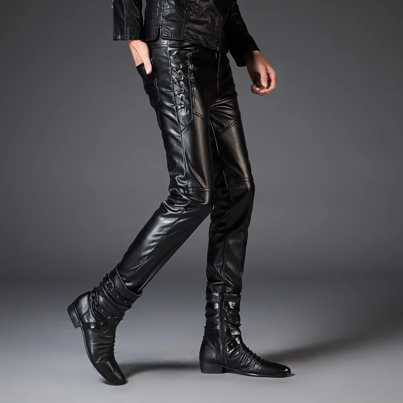 Мужские кожаные брюки в стиле панк рок мужские тонкие мотоциклетные из