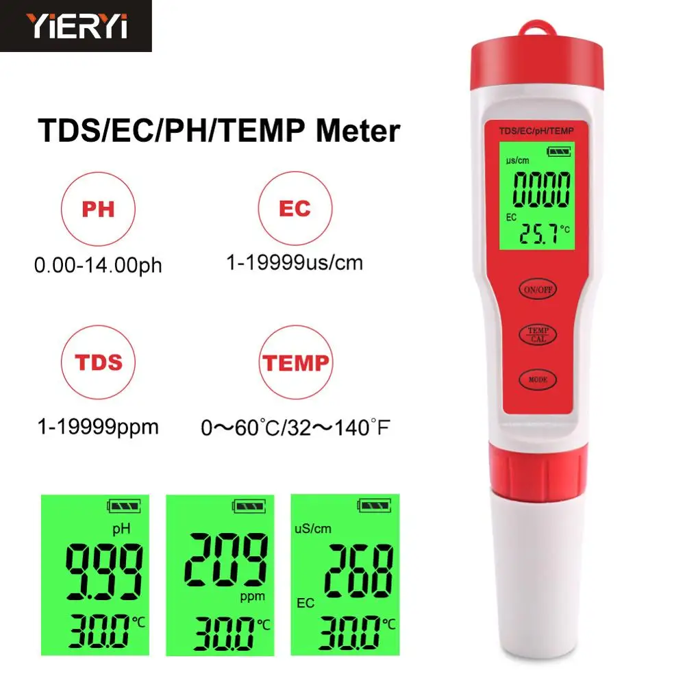 YIERYI 4 в 1 PH/TDS/EC/измеритель температуры цифровой монитор качества воды тестер для бассейнов, питьевой воды, аквариумов