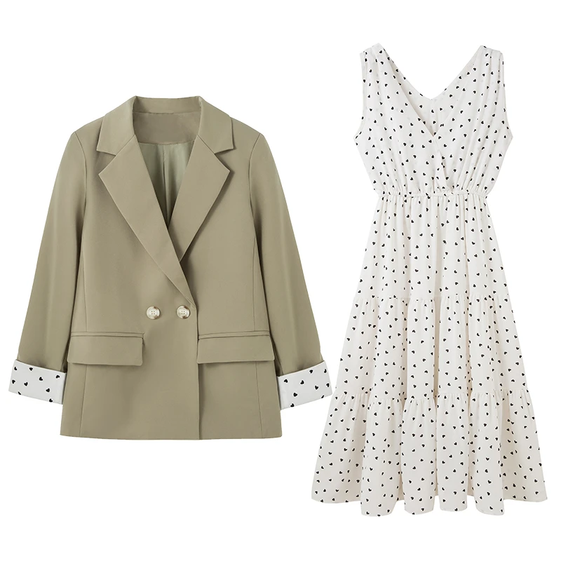 

Women 2020 Spring Autumn New Long Sleeve Casual Loose Small Blazer Coat And Dot Print Ruffle Vest Dress 2 Piece Set Outfits R176