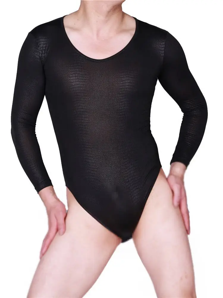 

Long Sleeve Faux PU Leather Python Print Bodysuit High Elastic Yoga Fitness Clothing Hot Shaper Men Sexy Sheer Body Tops Shirts