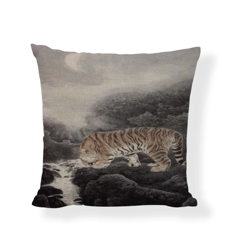 Promotional Ink Color Tiger Pattern Cushion Cover Linen 45*45 CM Simple Fierce Style Pillowcase Furniture Sofa Decoration | Дом и сад