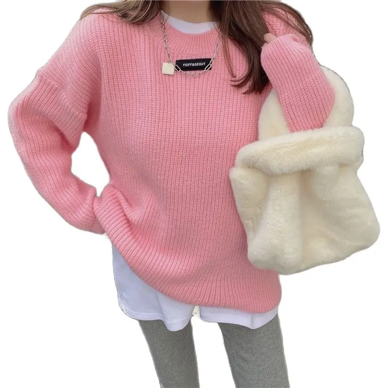 

Модный корейский свитер ins, женский милый пуловер ярких цветов с круглым вырезом, женский свободный джемпер средней длины, вязаный Топ для ж...