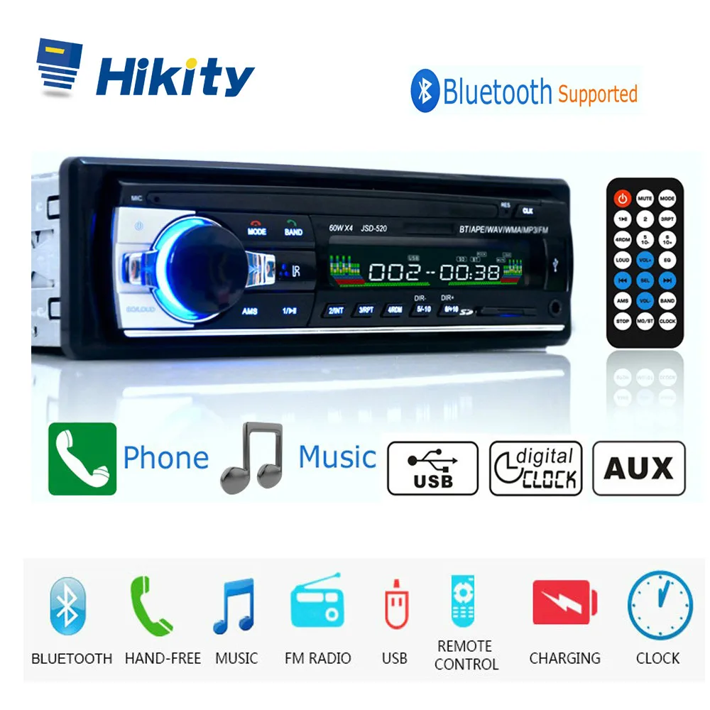 Hikity Авто 12V JSD 520 автомобиль радио Bluetooth 1 Din аудио MP3 стерео проигрыватель AUX IN