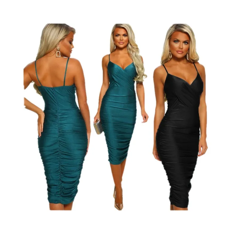 

Spring summer 2021 new women's sexy halter belt V-neck temperament commuting polyester cotton blend sleeveless dress