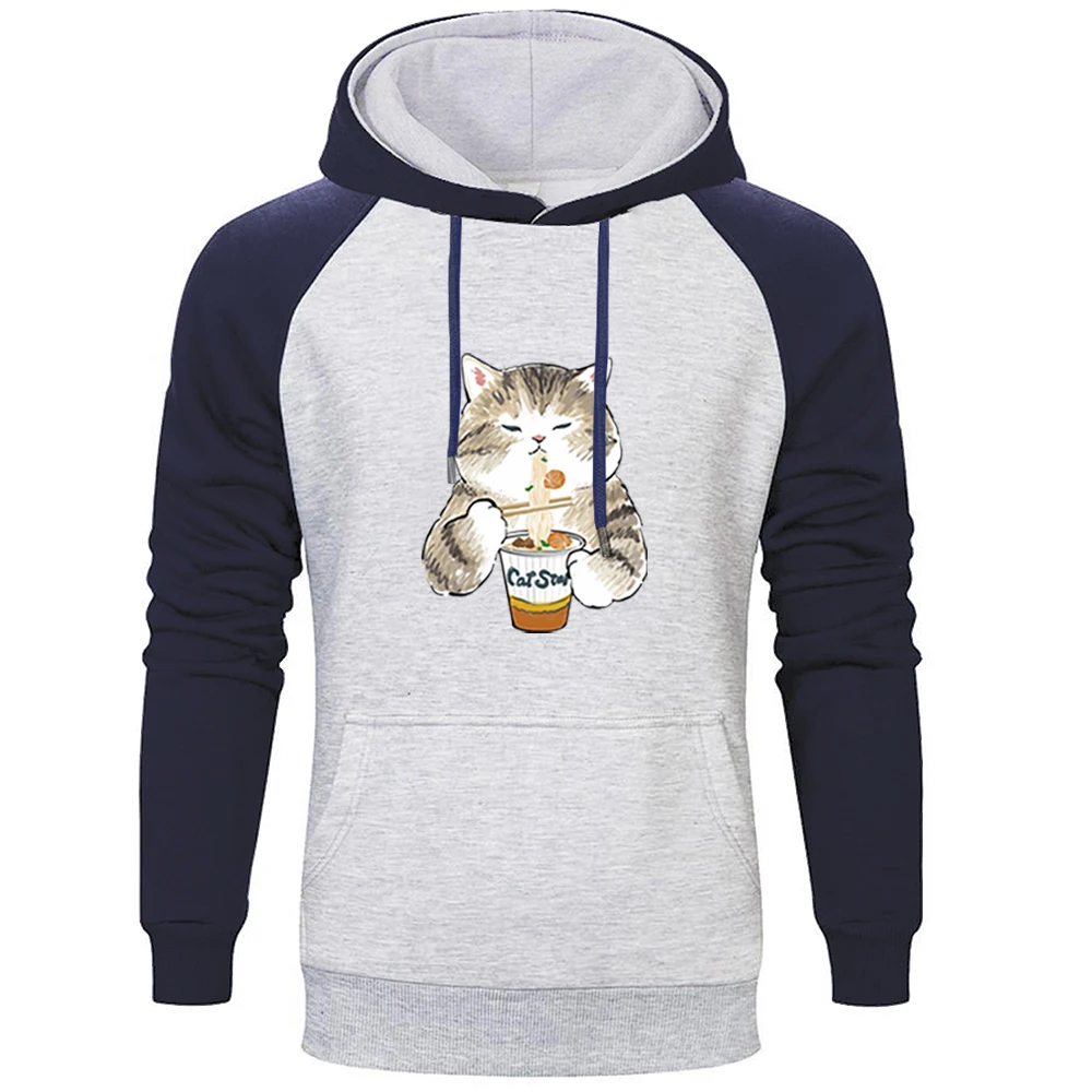

Funny Cats Cute Cat Kawaii Cats Eat Ramen Print Men Raglan Hoodies Sweatshirts Streetwear Mens Hip Hop Casual Warm Winter Hooded