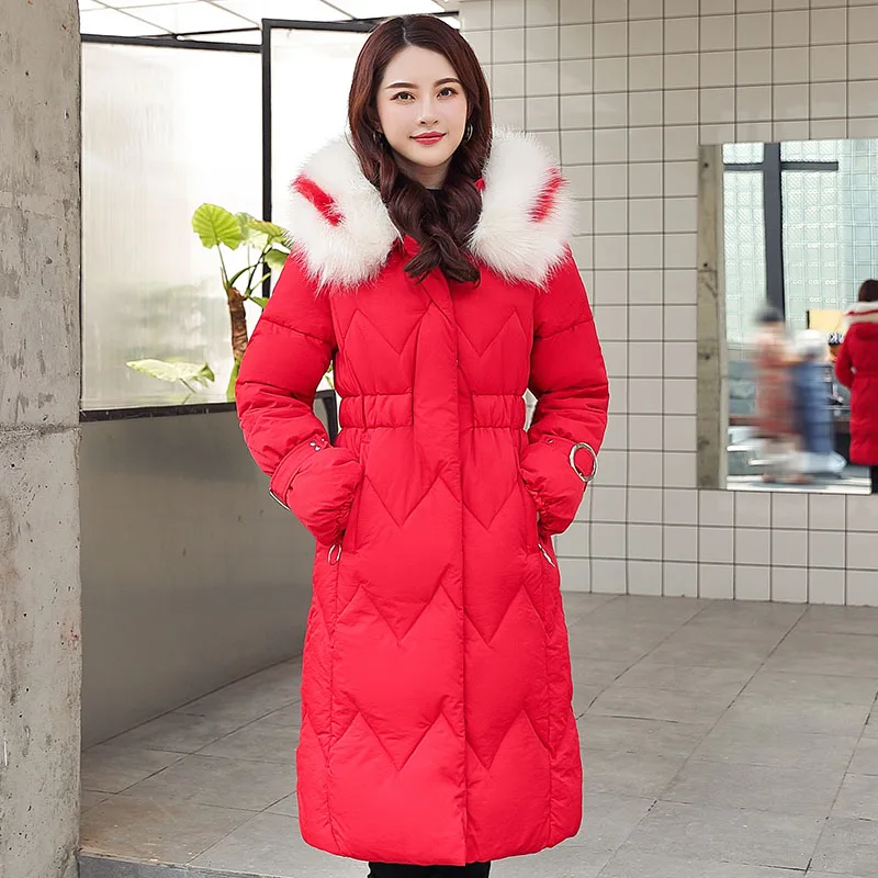 Красный X-long parkas зимняя женская куртка-25 градусов тонкий толстый теплый зимний большой меховой воротник с капюшоном куртка пальто парки верхняя одежда куртка - Цвет: Красный